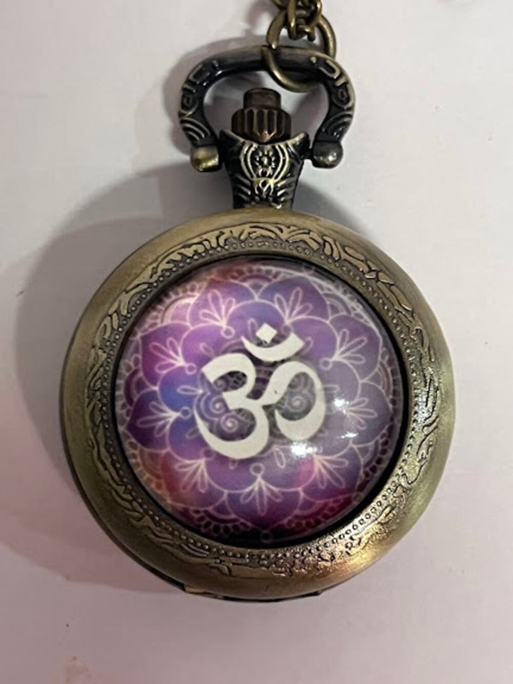 Cindiry Bronze Buddism Ohm Purple White PW Quartz 15" Chain Necklace FOB